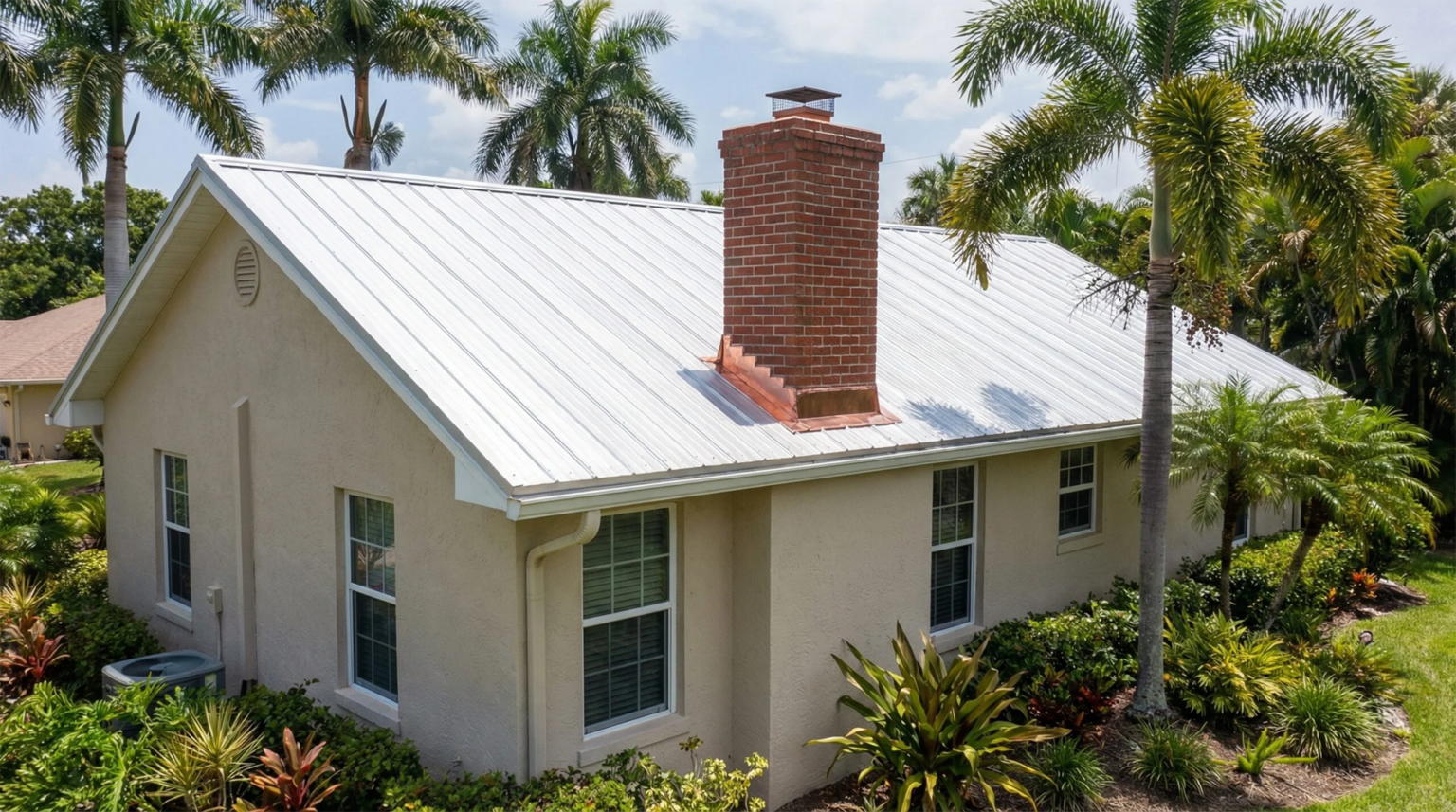 Florida home exterior with a metal roof and palm trees